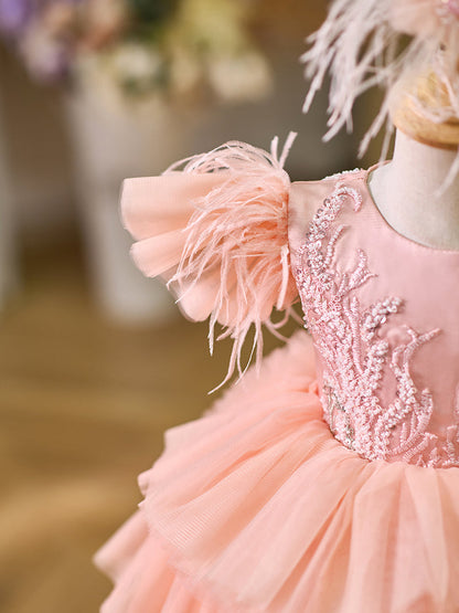 Pink Baby Puffy Sleeve Beads Knee Length Birthday Girl Dress J045