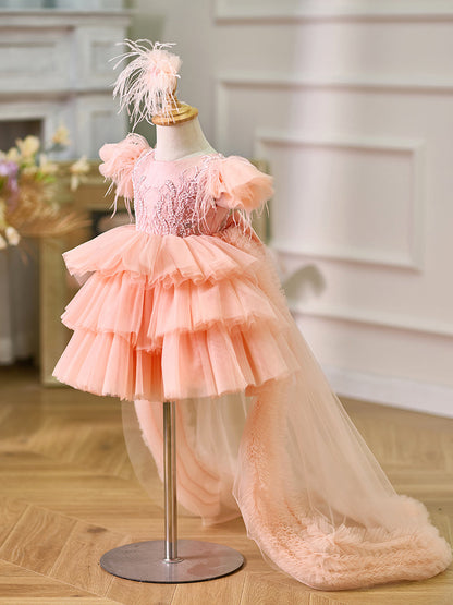 Pink Baby Puffy Sleeve Beads Knee Length Birthday Girl Dress J045