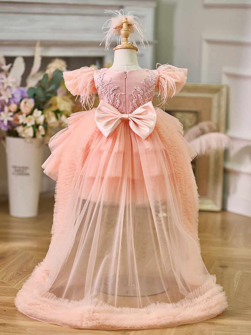 Pink Baby Puffy Sleeve Beads Knee Length Birthday Girl Dress J045