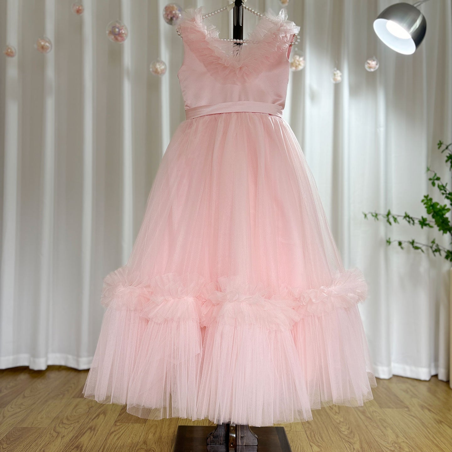 Pink Flower Girl Dress V-Neck Tiered Tulle for Birthday Party J116