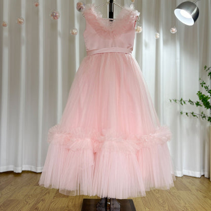 Pink Flower Girl Dress V-Neck Tiered Tulle for Birthday Party J116