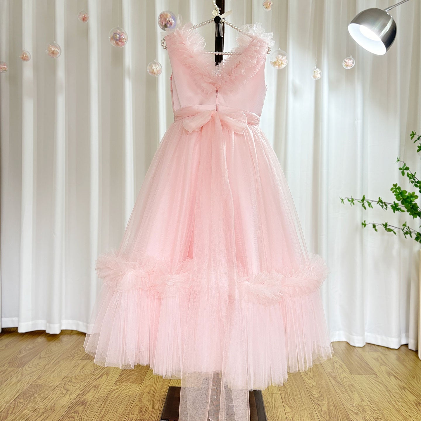Pink Flower Girl Dress V-Neck Tiered Tulle for Birthday Party J116