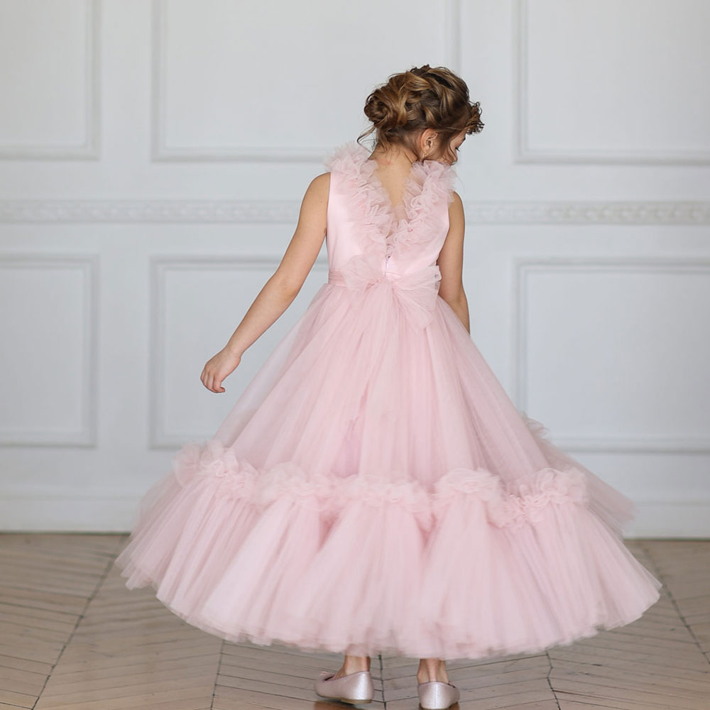 Pink Flower Girl Dress V-Neck Tiered Tulle for Birthday Party J116