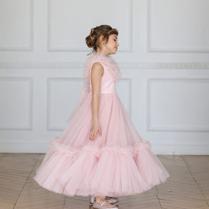 Pink Flower Girl Dress V-Neck Tiered Tulle for Birthday Party J116