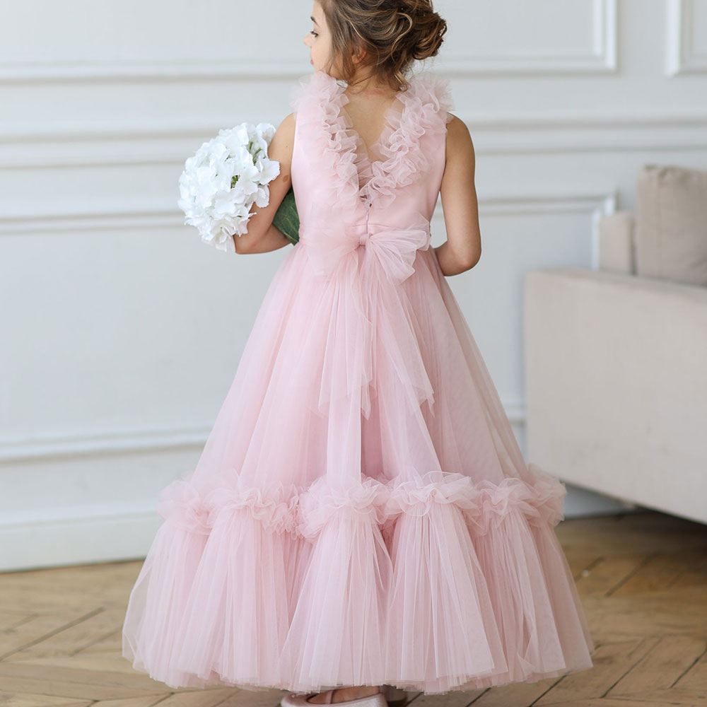 Pink Flower Girl Dress V-Neck Tiered Tulle for Birthday Party J116