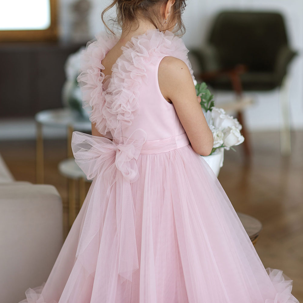 Pink Flower Girl Dress V-Neck Tiered Tulle for Birthday Party J116