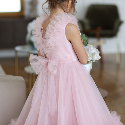 Pink Flower Girl Dress V-Neck Tiered Tulle for Birthday Party J116