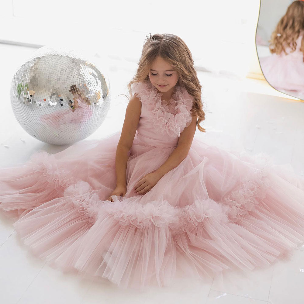 Pink Flower Girl Dress V-Neck Tiered Tulle for Birthday Party J116