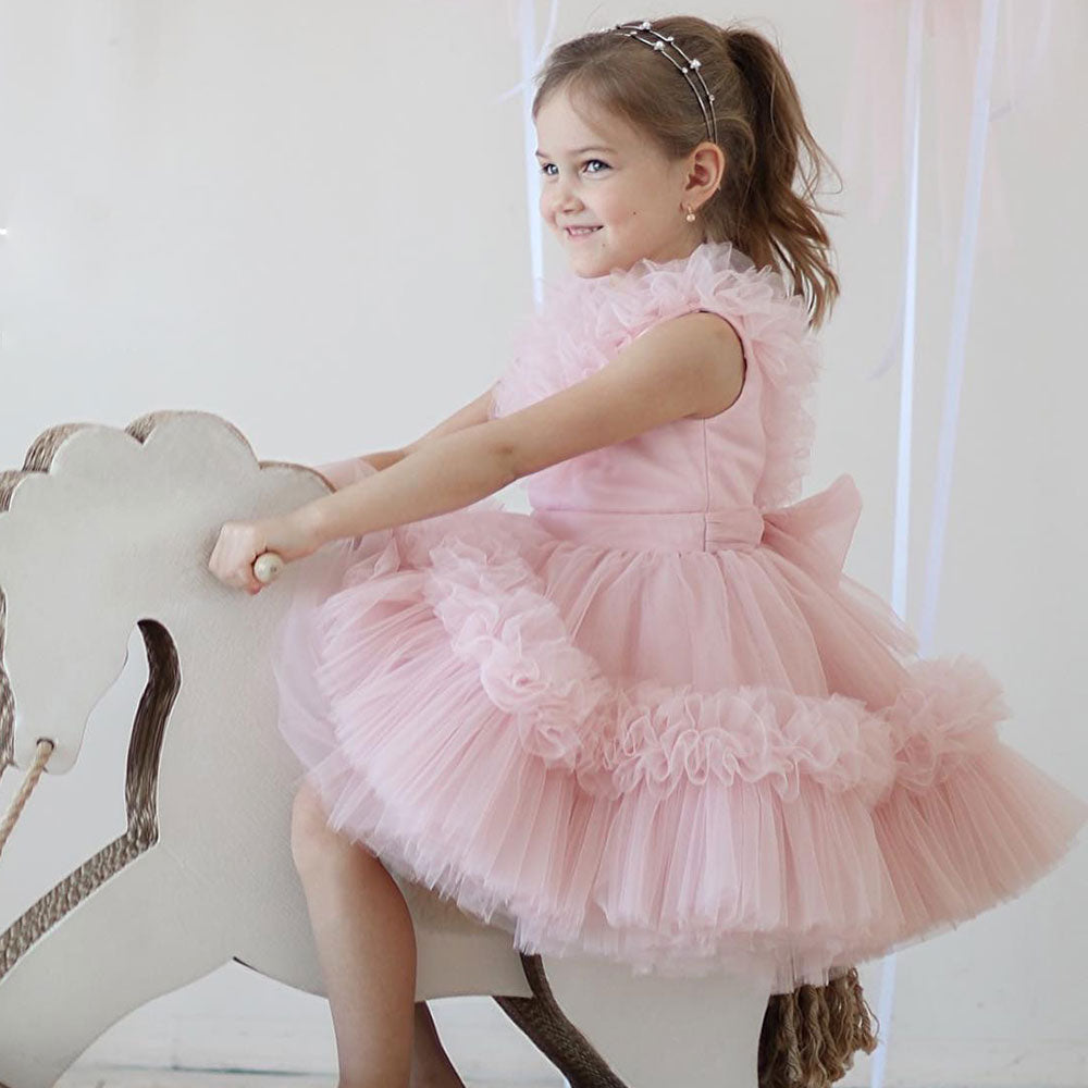 Pink Flower Girl Dress V-Neck Tiered Tulle for Birthday Party J116