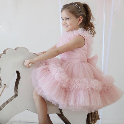 Pink Flower Girl Dress V-Neck Tiered Tulle for Birthday Party J116