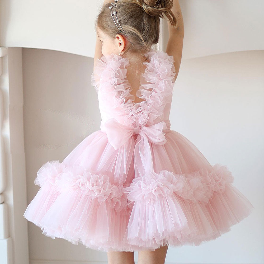Pink Flower Girl Dress V-Neck Tiered Tulle for Birthday Party J116