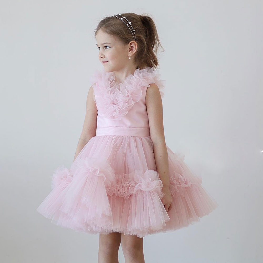 Pink Flower Girl Dress V-Neck Tiered Tulle for Birthday Party J116