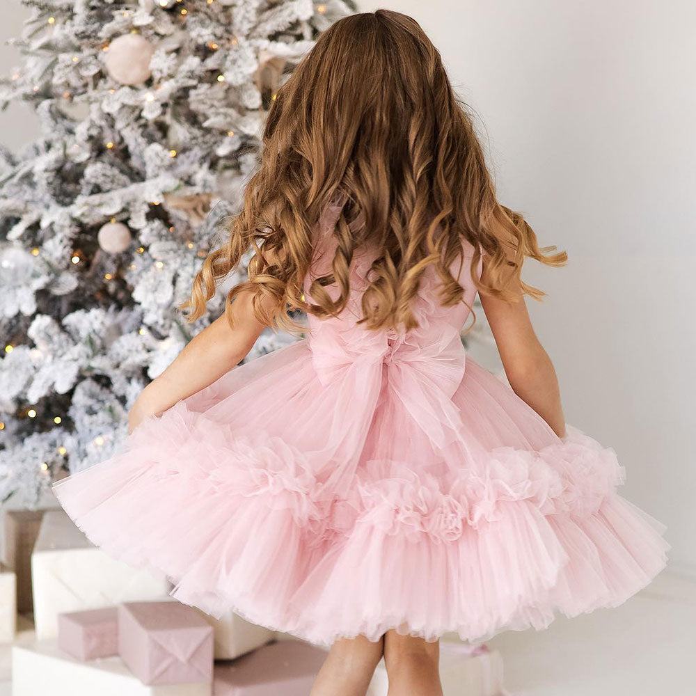 Pink Flower Girl Dress V-Neck Tiered Tulle for Birthday Party J116