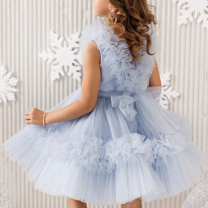 Pink Flower Girl Dress V-Neck Tiered Tulle for Birthday Party J116
