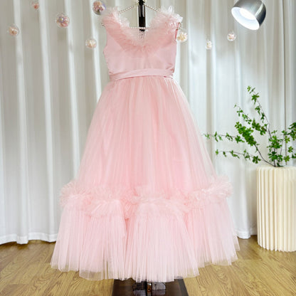 Pink Flower Girl Dress V-Neck Tiered Tulle for Birthday Party J116