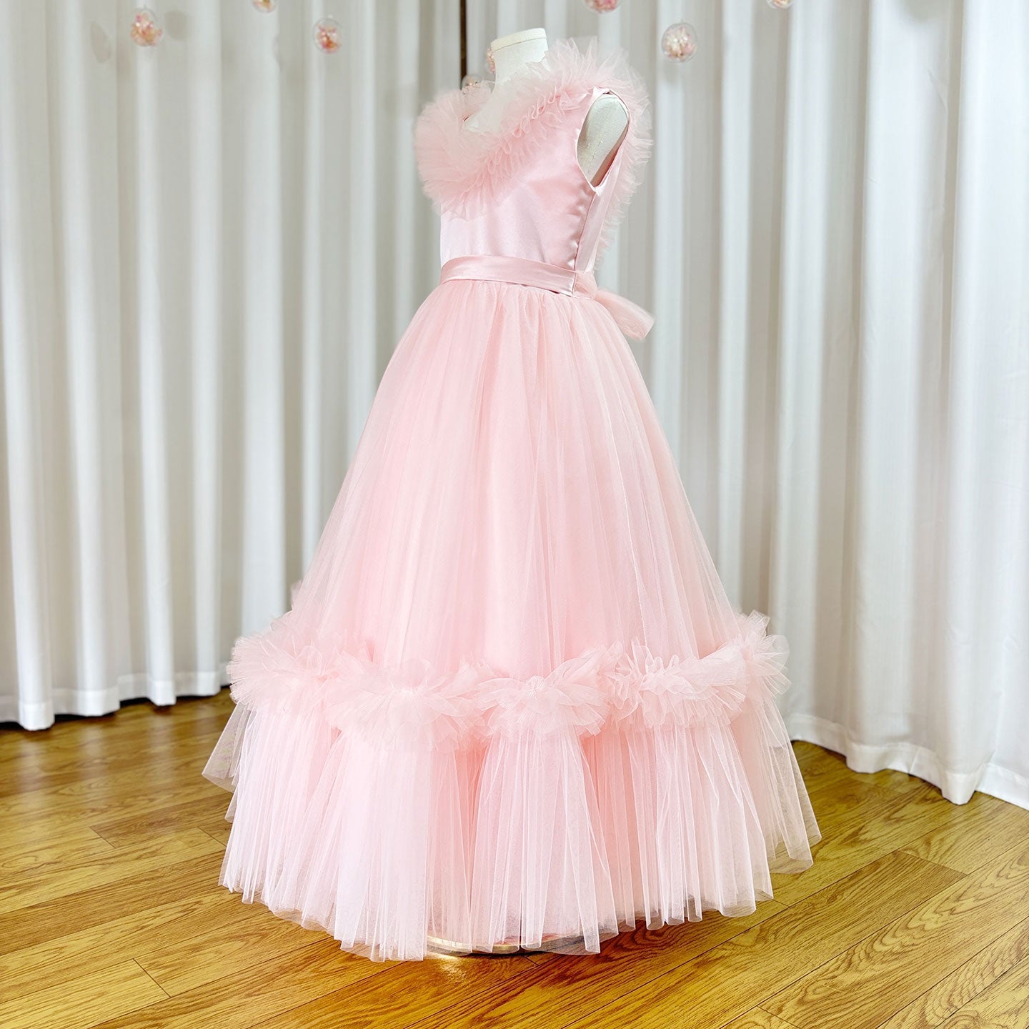 Pink Flower Girl Dress V-Neck Tiered Tulle for Birthday Party J116