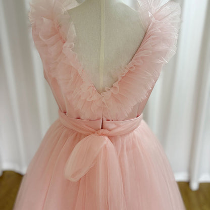 Pink Flower Girl Dress V-Neck Tiered Tulle for Birthday Party J116