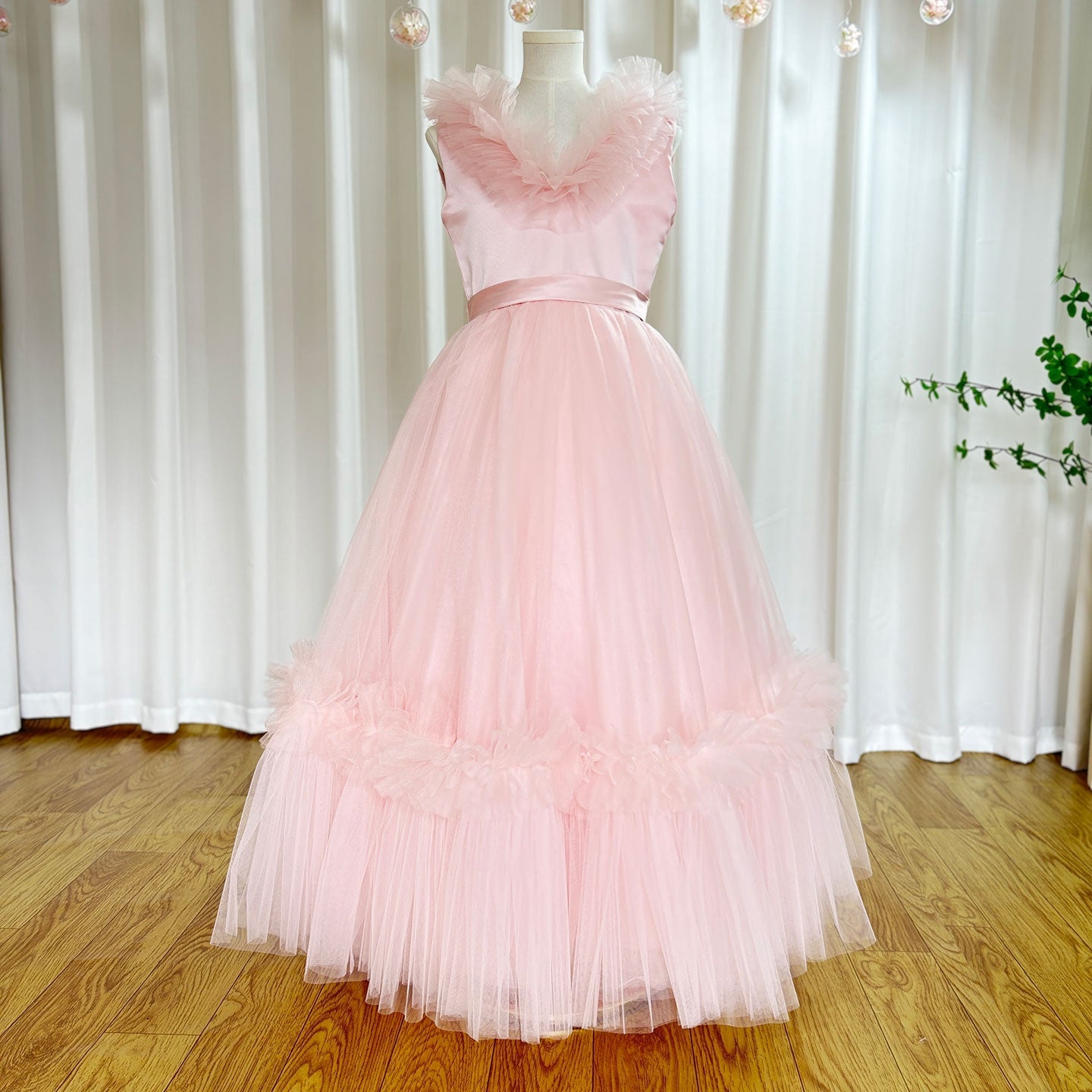 Pink Flower Girl Dress V-Neck Tiered Tulle for Birthday Party J116