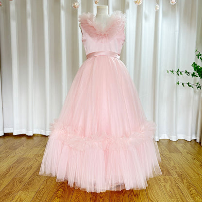 Pink Flower Girl Dress V-Neck Tiered Tulle for Birthday Party J116