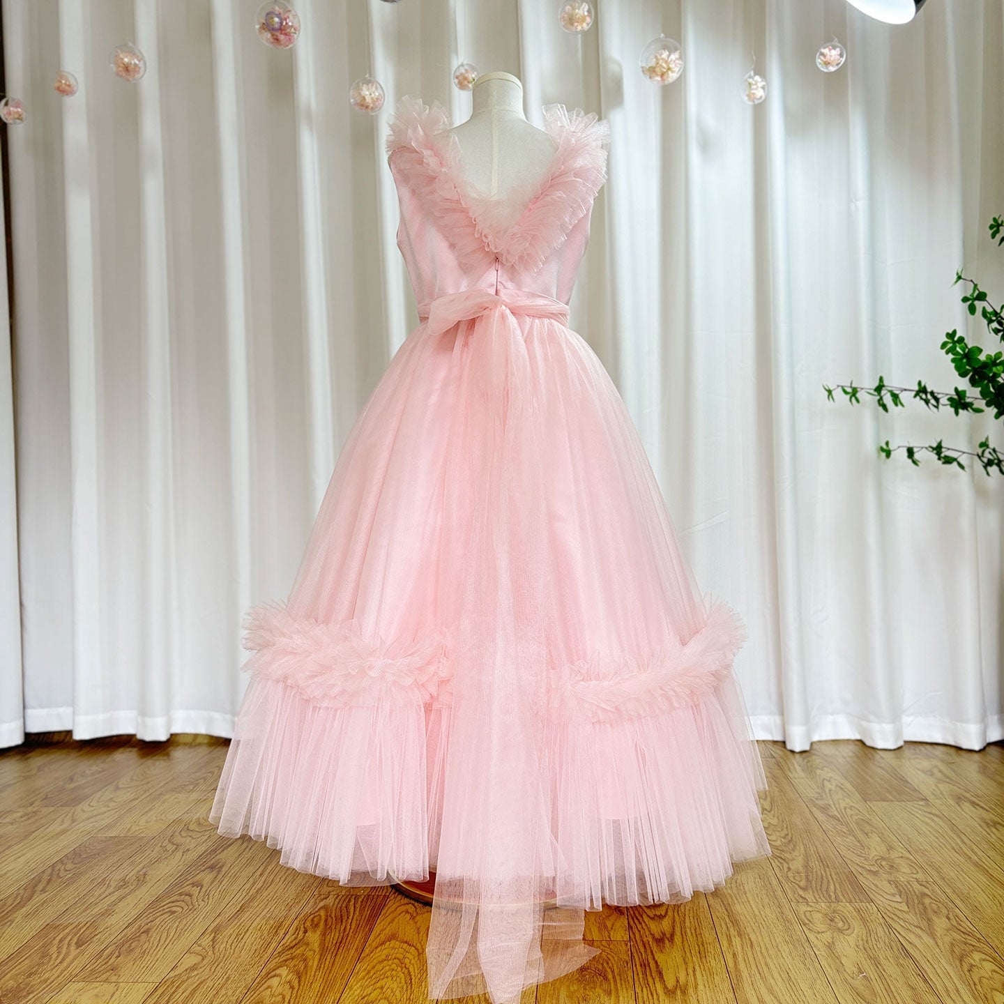 Pink Flower Girl Dress V-Neck Tiered Tulle for Birthday Party J116