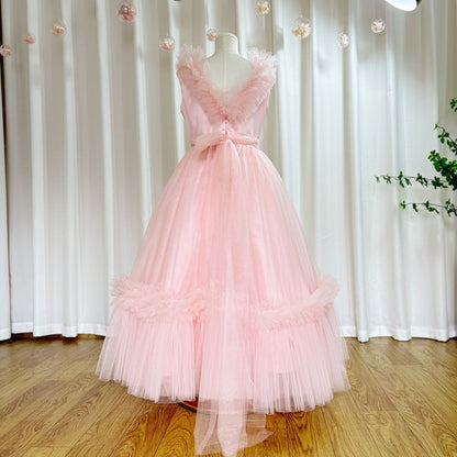 Pink Flower Girl Dress V-Neck Tiered Tulle for Birthday Party J116