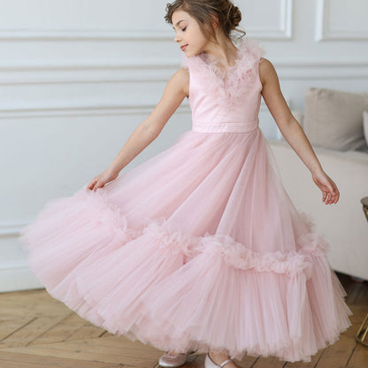 Pink Flower Girl Dress V-Neck Tiered Tulle for Birthday Party J116