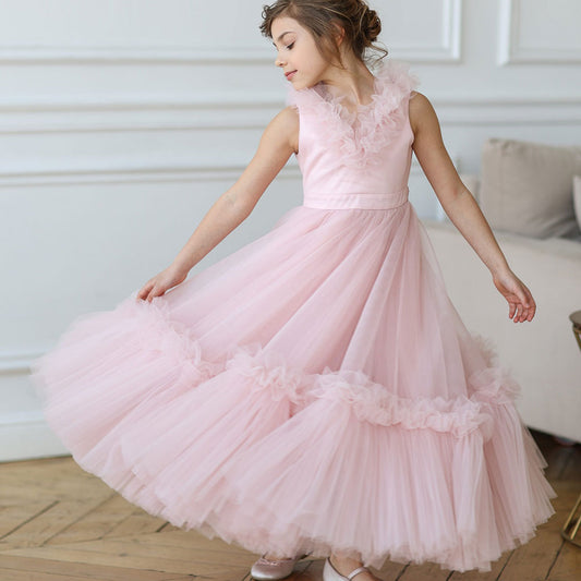 Pink Flower Girl Dress V-Neck Tiered Tulle for Birthday Party J116