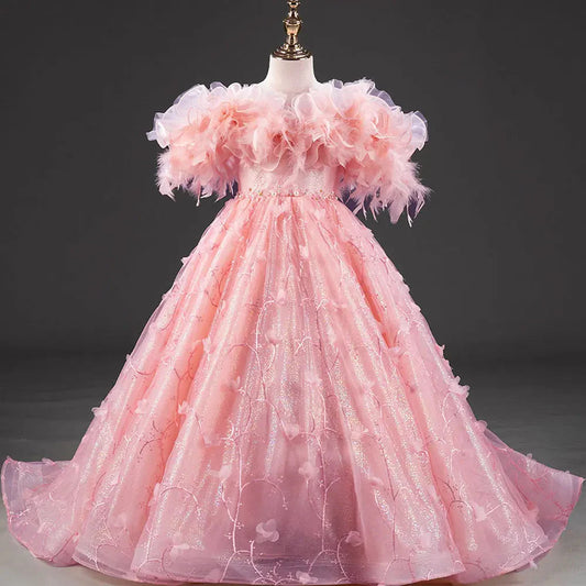 Pink Flower Girl Dresses with Feather Pearls Arabic Princess J015