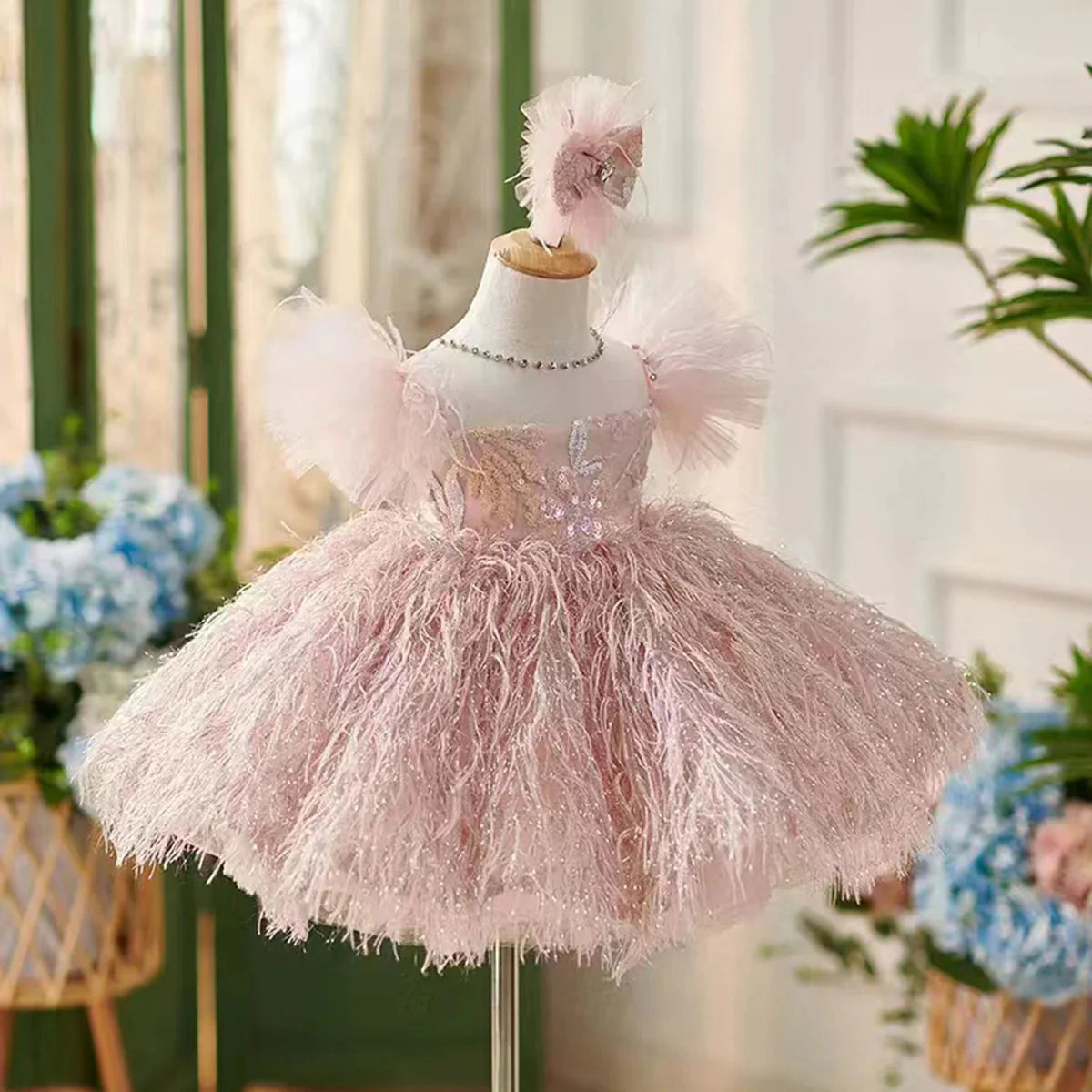 Pink Flower Girl Dresses with Hairband Feathers for Baby Kids J082