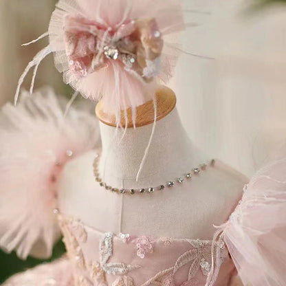 Pink Flower Girl Dresses with Hairband Feathers for Baby Kids J082