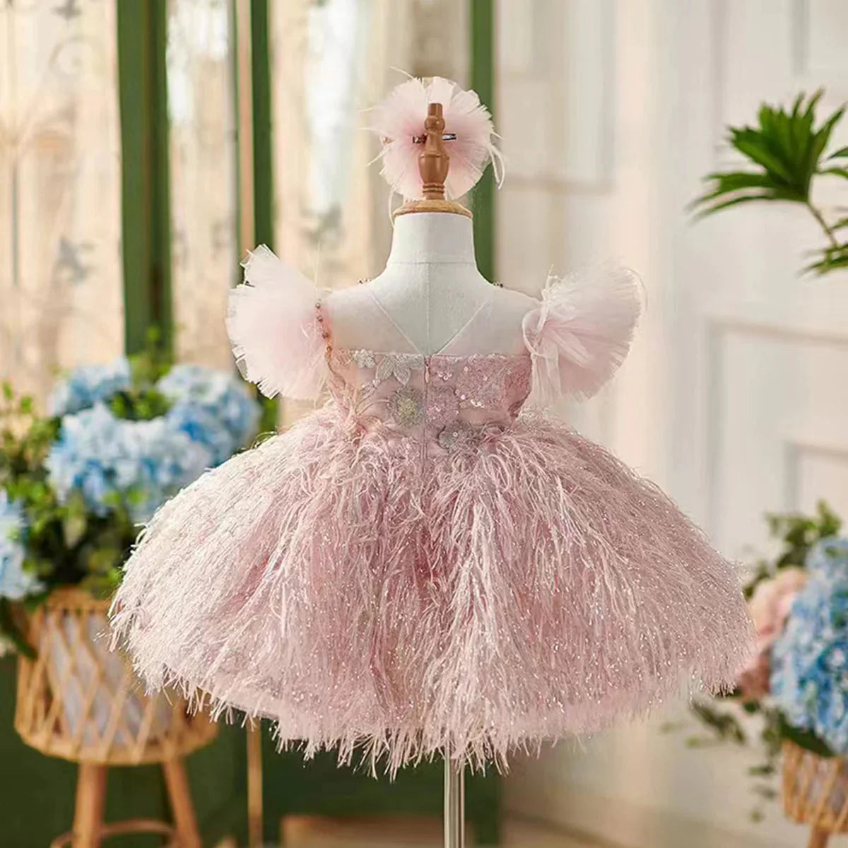 Pink Flower Girl Dresses with Hairband Feathers for Baby Kids J082