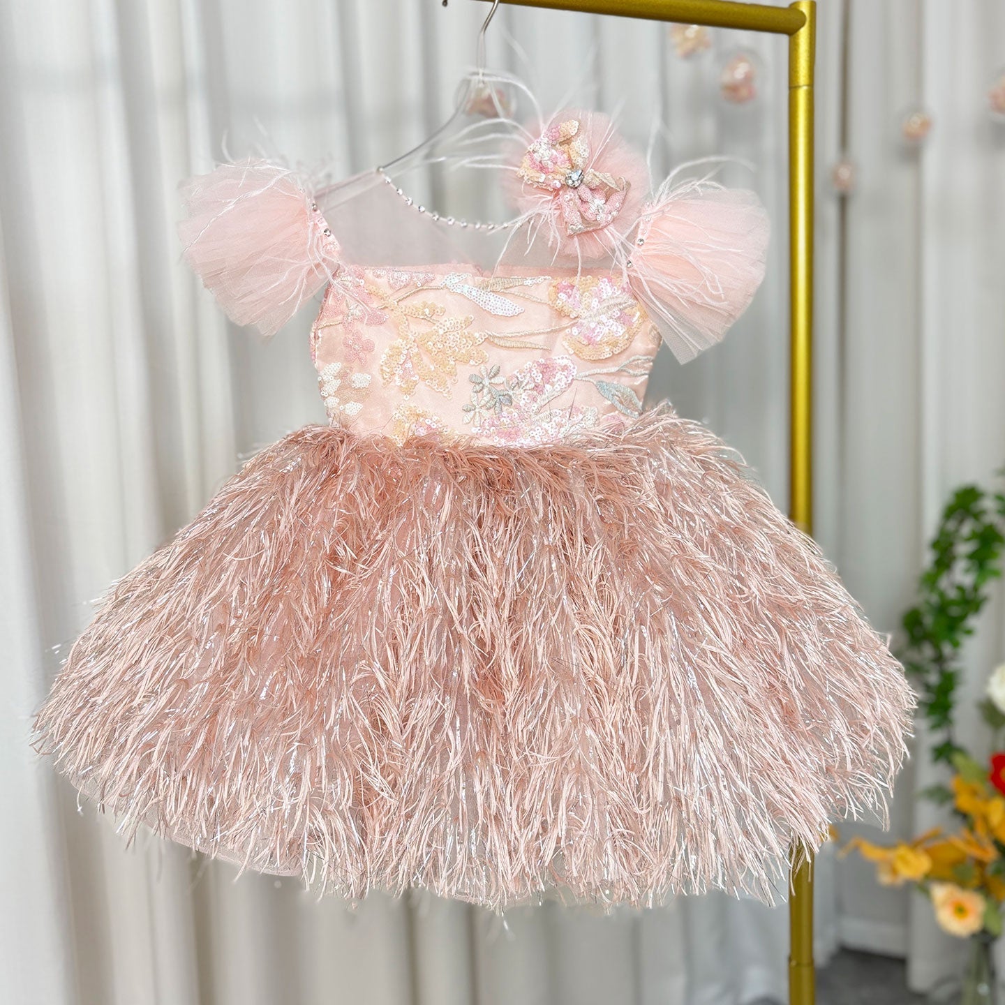 Pink Flower Girl Dresses with Hairband Feathers for Baby Kids J082