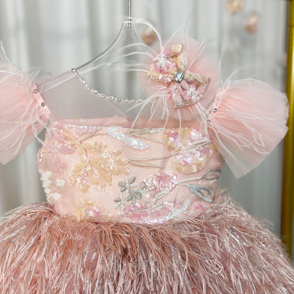 Pink Flower Girl Dresses with Hairband Feathers for Baby Kids J082