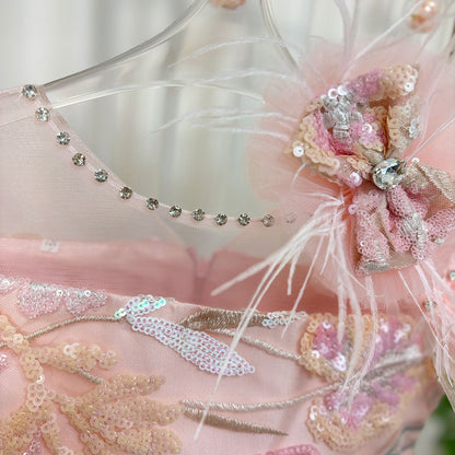 Pink Flower Girl Dresses with Hairband Feathers for Baby Kids J082