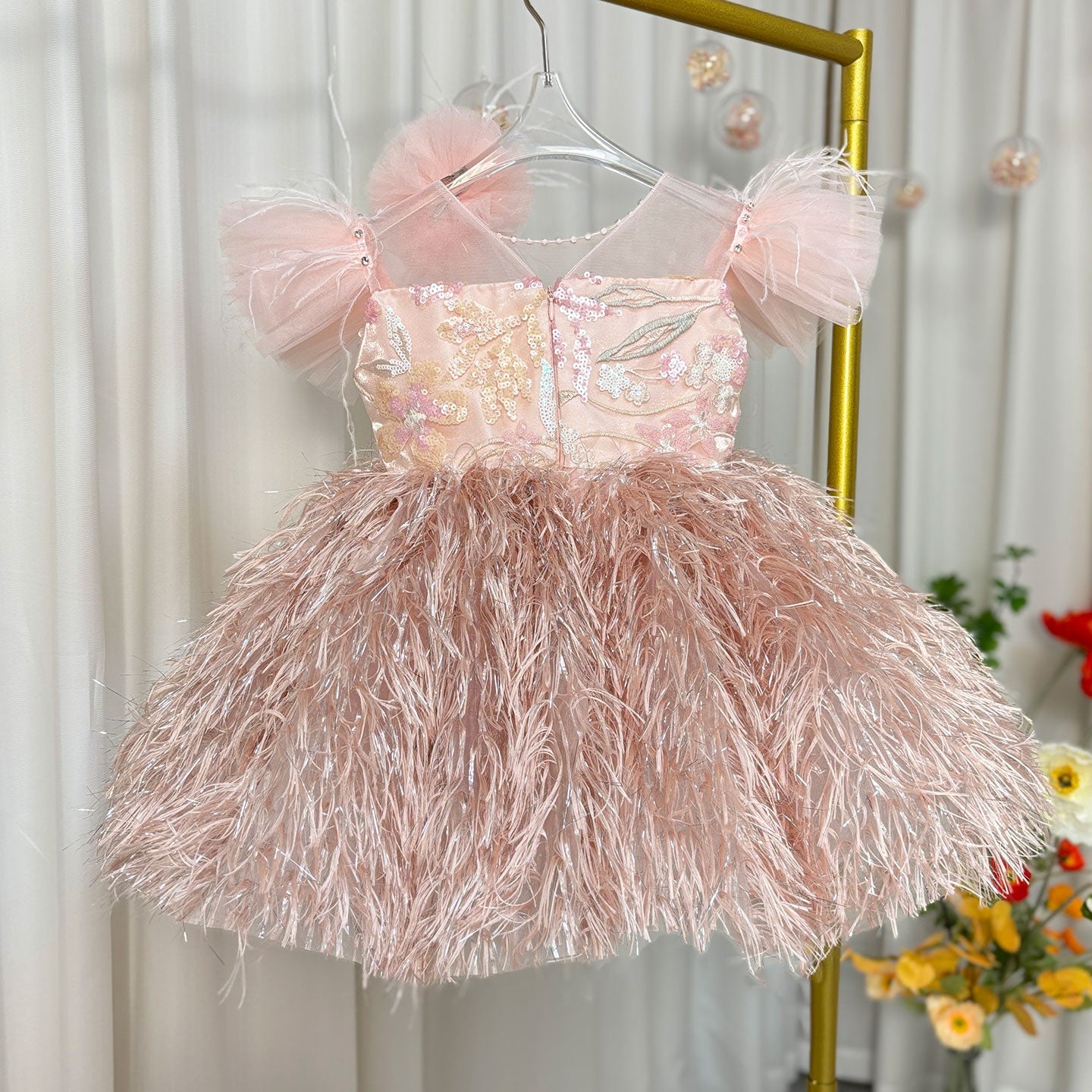 Pink Flower Girl Dresses with Hairband Feathers for Baby Kids J082