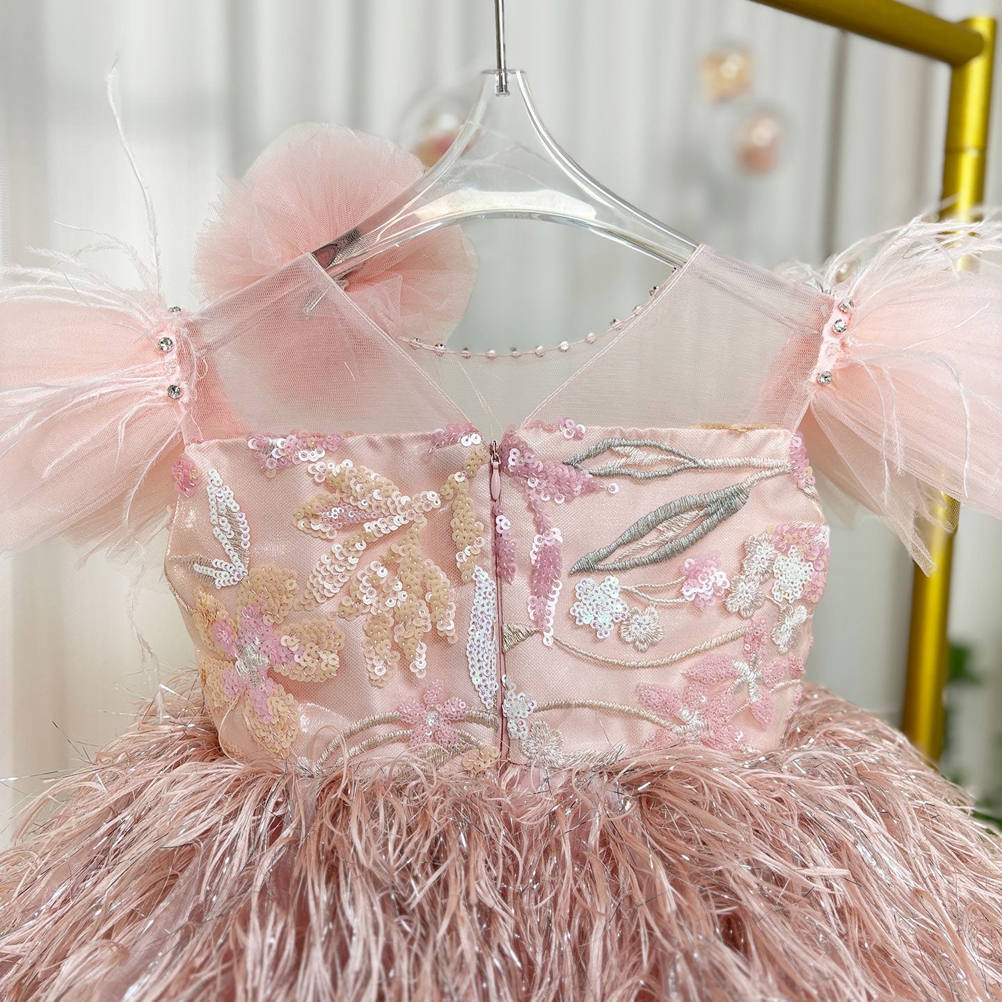 Pink Flower Girl Dresses with Hairband Feathers for Baby Kids J082