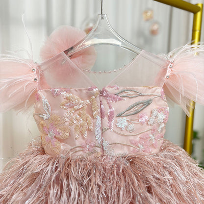 Pink Flower Girl Dresses with Hairband Feathers for Baby Kids J082