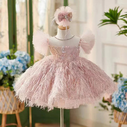 Pink Flower Girl Dresses with Hairband Feathers for Baby Kids J082