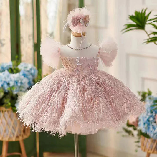 Pink Flower Girl Dresses with Hairband Feathers for Baby Kids J082