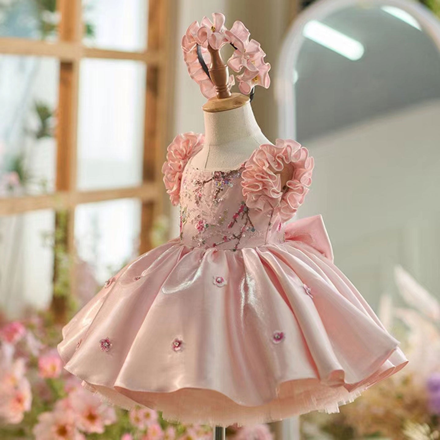Pink Girl Dress 3D Flowers with Hairband for Kids J026
