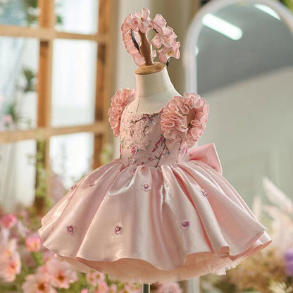 Pink Girl Dress 3D Flowers with Hairband for Kids J026