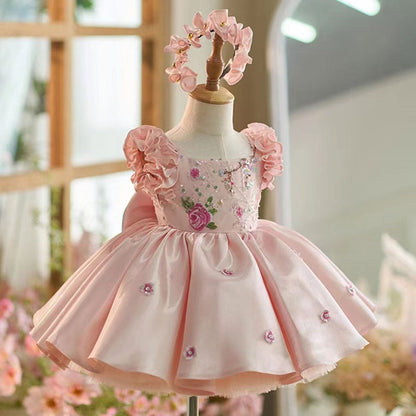 Pink Girl Dress 3D Flowers with Hairband for Kids J026