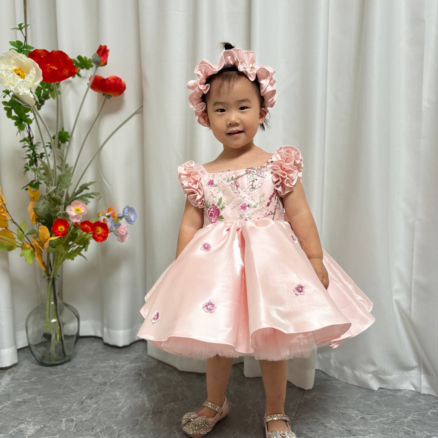 Pink Girl Dress 3D Flowers with Hairband for Kids J026
