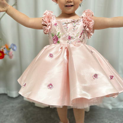 Pink Girl Dress 3D Flowers with Hairband for Kids J026
