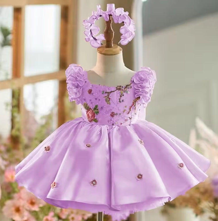 Pink Girl Dress 3D Flowers with Hairband for Kids J026