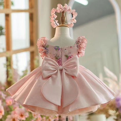 Pink Girl Dress 3D Flowers with Hairband for Kids J026