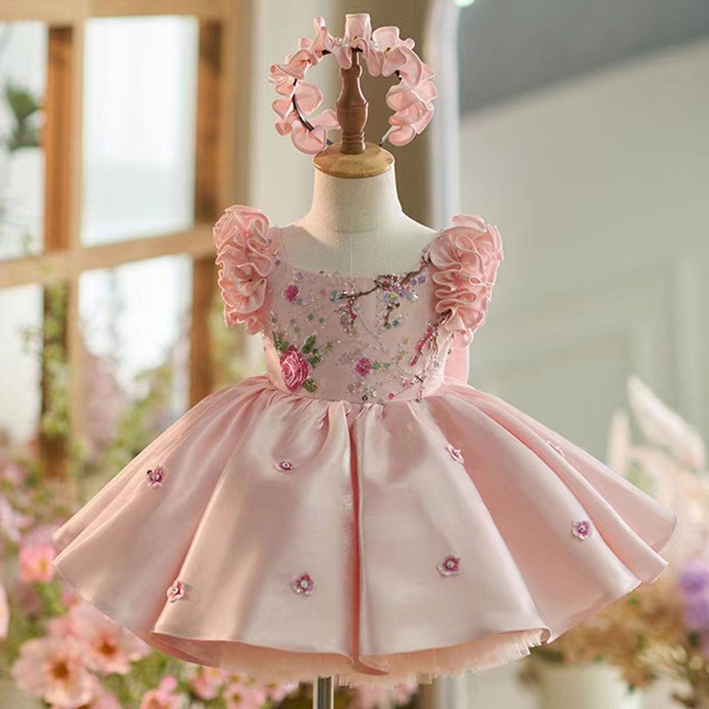 Pink Girl Dress 3D Flowers with Hairband for Kids J026