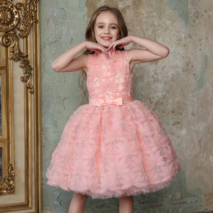 Pink Girl Dress Beads Flowers Princess Birthday Party Gown J130