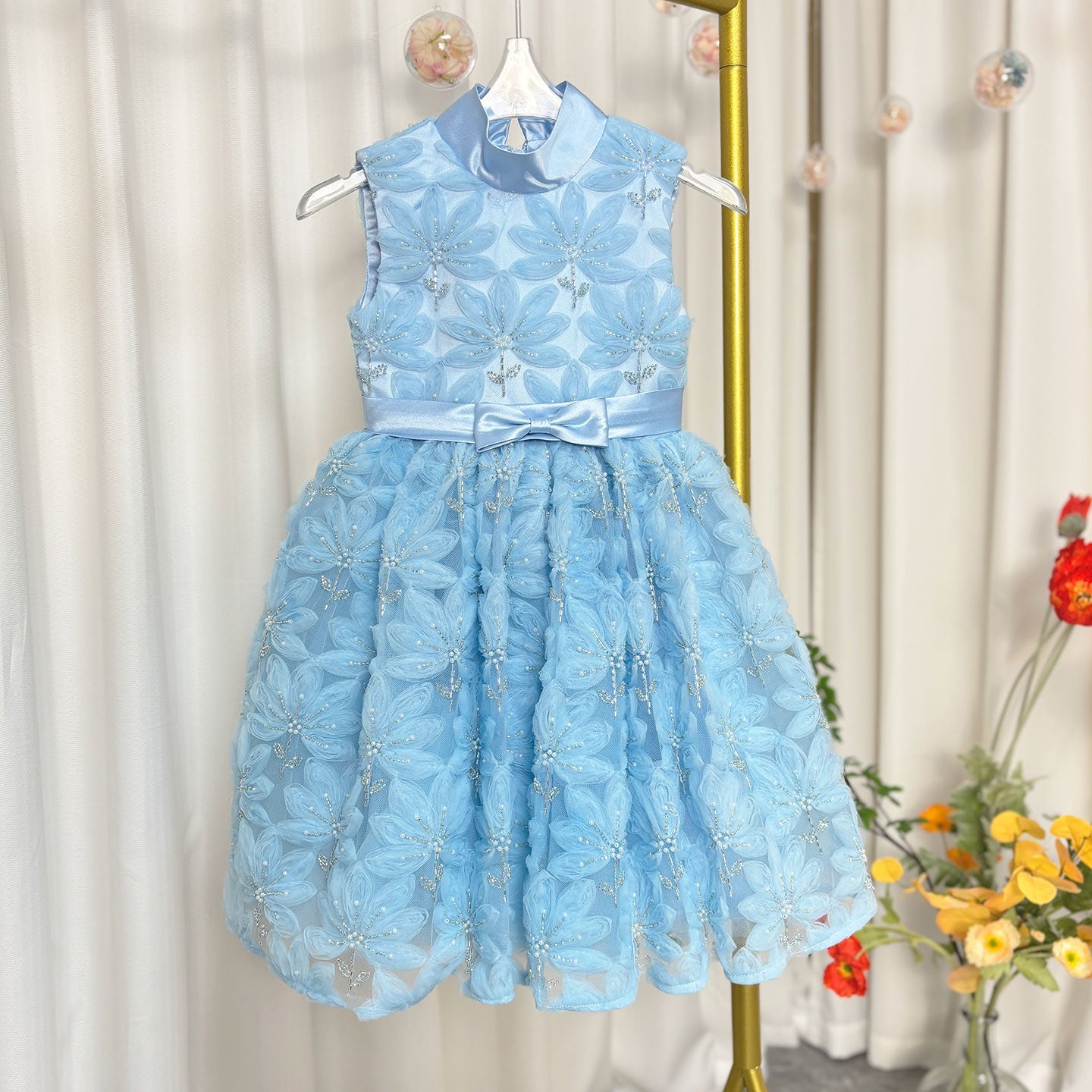 Pink Girl Dress Beads Flowers Princess Birthday Party Gown J130