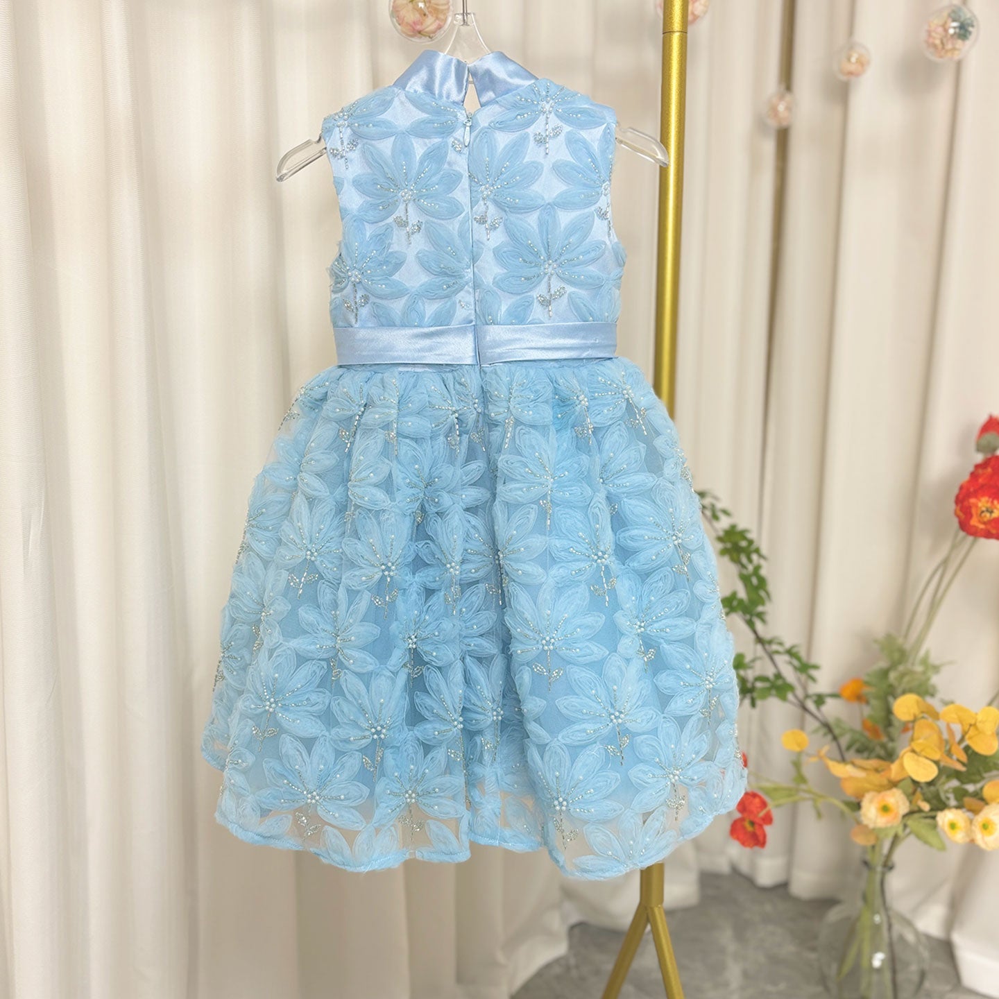 Pink Girl Dress Beads Flowers Princess Birthday Party Gown J130